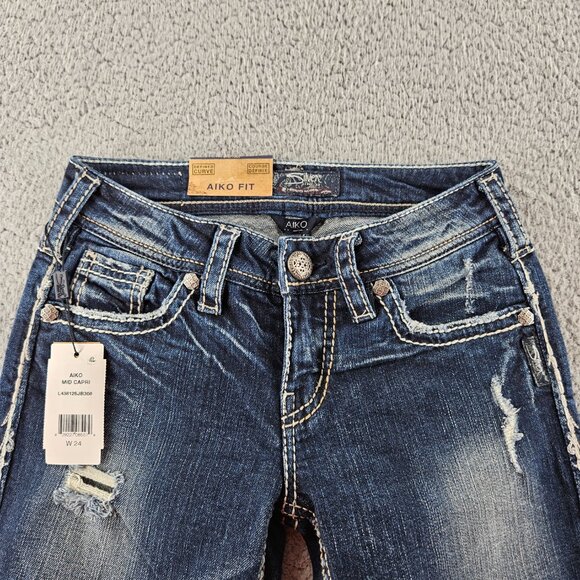 Silver Jeans Aiko Capri Womens 24 Distressed Denim Defined Curve New With Tags - Picture 2 of 16
